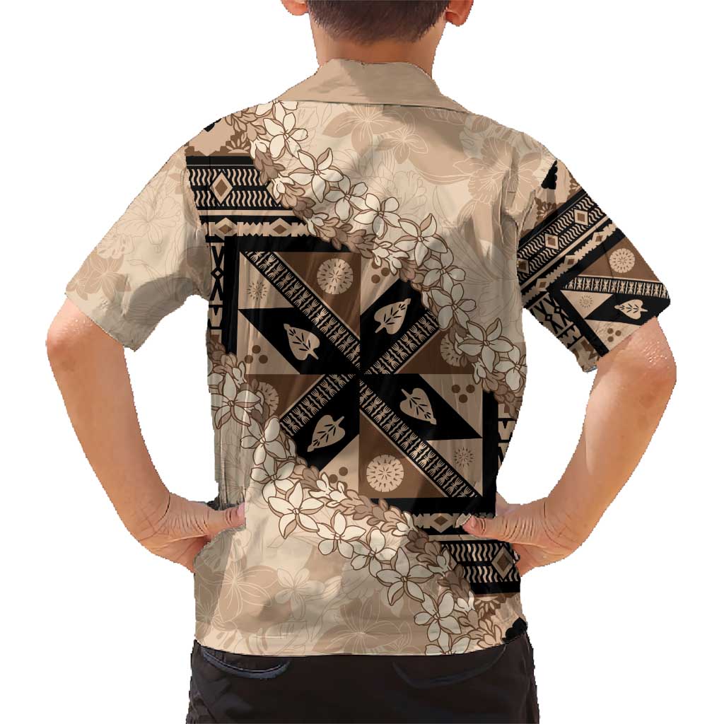 Bula Fiji Plumeria Tagimoucia Salusalu Beige Family Matching Short Sleeve Bodycon Dress and Hawaiian Shirt Kaiviti Masi - Polynesian Pride