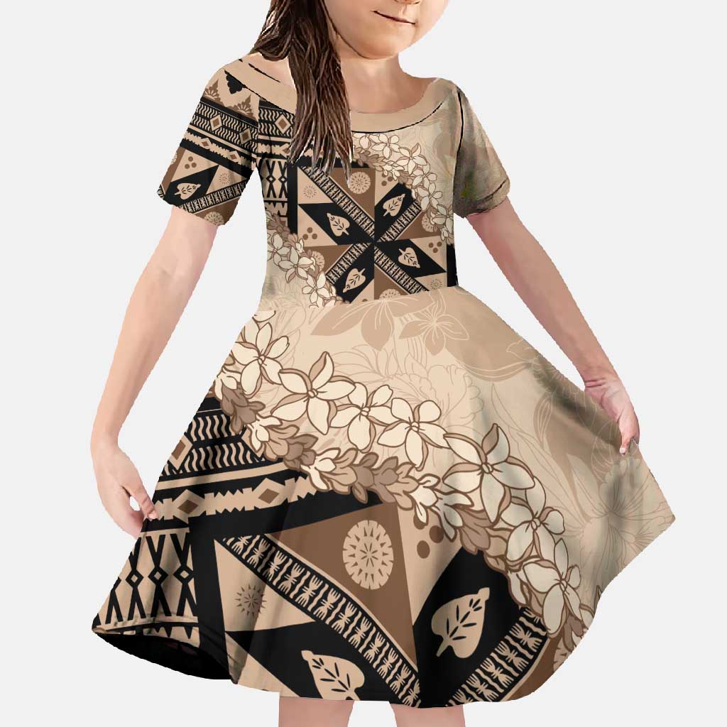 Bula Fiji Plumeria Tagimoucia Salusalu Beige Family Matching Tank Maxi Dress and Hawaiian Shirt Kaiviti Masi LT7 Daughter's Dress Beige - Polynesian Pride