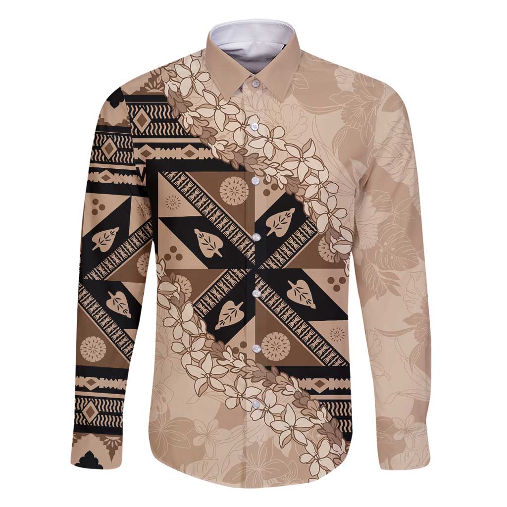 Bula Fiji Plumeria Tagimoucia Salusalu Beige Family Matching Tank Maxi Dress and Hawaiian Shirt Kaiviti Masi LT7 Dad's Shirt - Long Sleeve Beige - Polynesian Pride