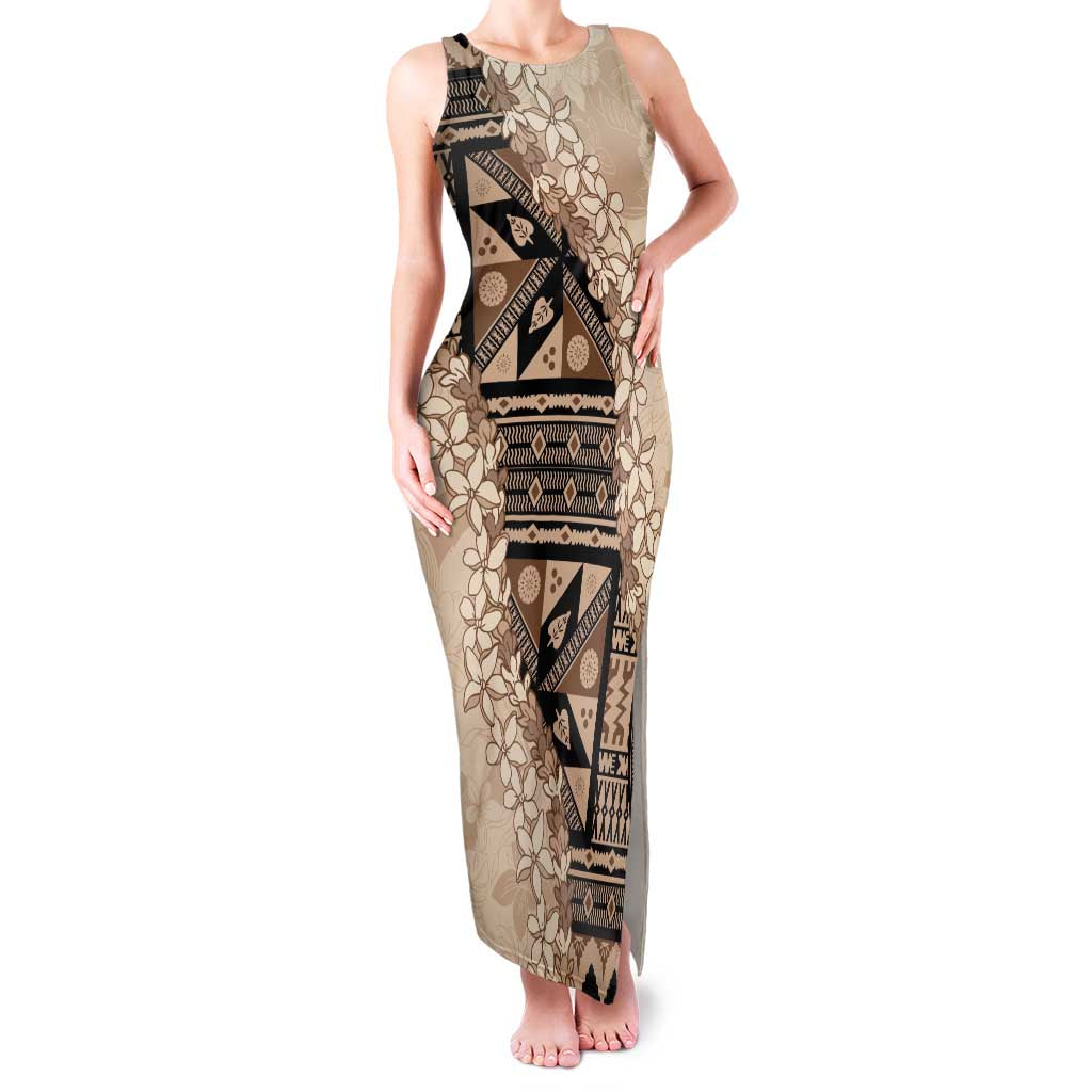 Bula Fiji Plumeria Tagimoucia Salusalu Beige Family Matching Tank Maxi Dress and Hawaiian Shirt Kaiviti Masi LT7 Mom's Dress Beige - Polynesian Pride