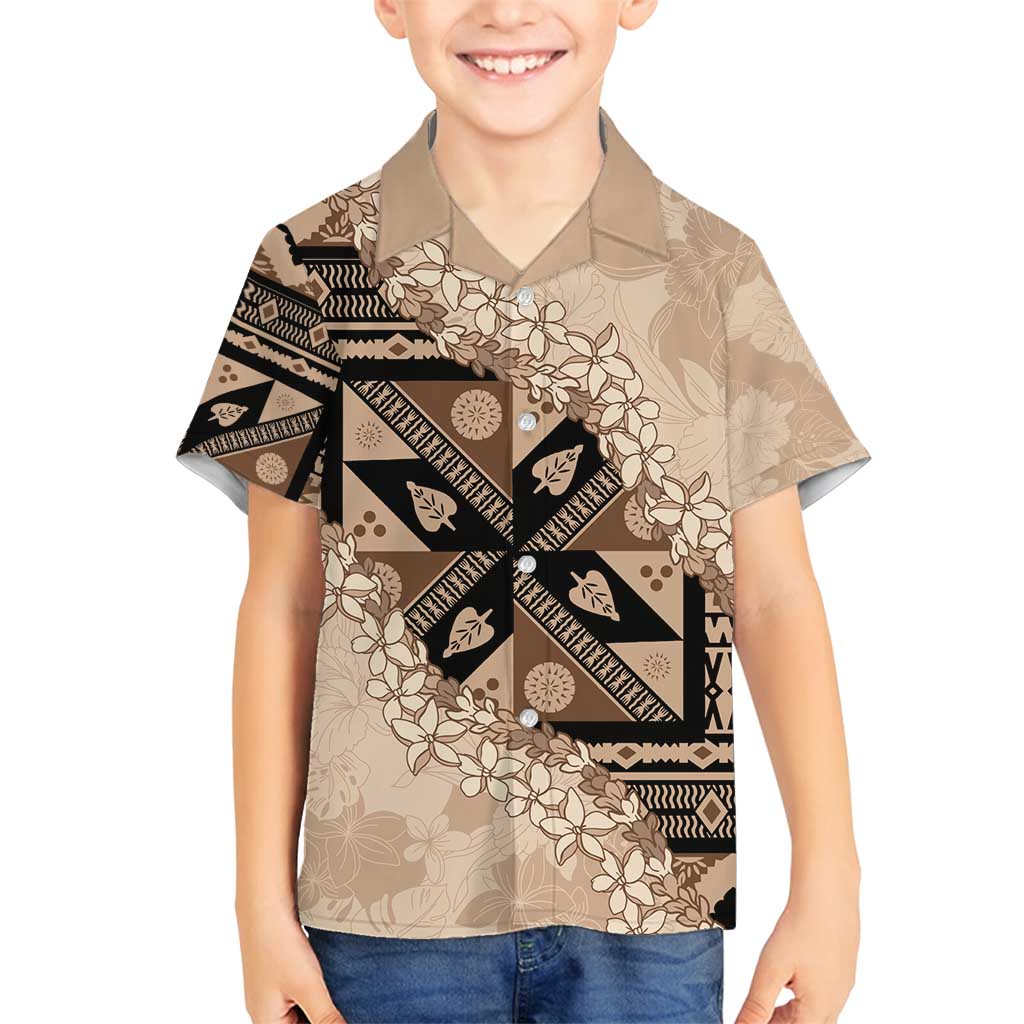 Bula Fiji Plumeria Tagimoucia Salusalu Beige Family Matching Tank Maxi Dress and Hawaiian Shirt Kaiviti Masi LT7 Son's Shirt Beige - Polynesian Pride