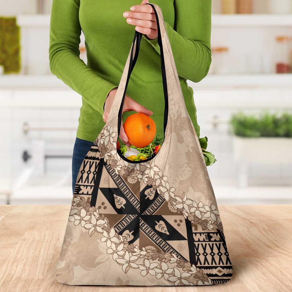 Bula Fiji Plumeria Tagimoucia Salusalu Beige Grocery Bag Kaiviti Masi LT7 - Polynesian Pride