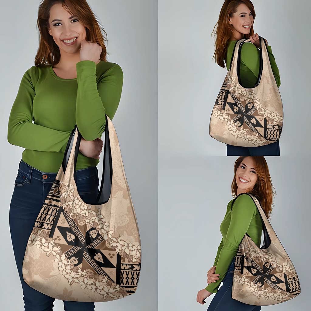 Bula Fiji Plumeria Tagimoucia Salusalu Beige Grocery Bag Kaiviti Masi LT7 - Polynesian Pride
