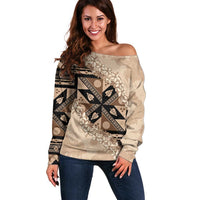 Bula Fiji Plumeria Tagimoucia Salusalu Beige Off Shoulder Sweater Kaiviti Masi LT7 Women Beige - Polynesian Pride