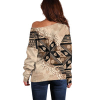 Bula Fiji Plumeria Tagimoucia Salusalu Beige Off Shoulder Sweater Kaiviti Masi LT7 - Polynesian Pride