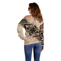 Bula Fiji Plumeria Tagimoucia Salusalu Beige Off Shoulder Sweater Kaiviti Masi LT7 - Polynesian Pride