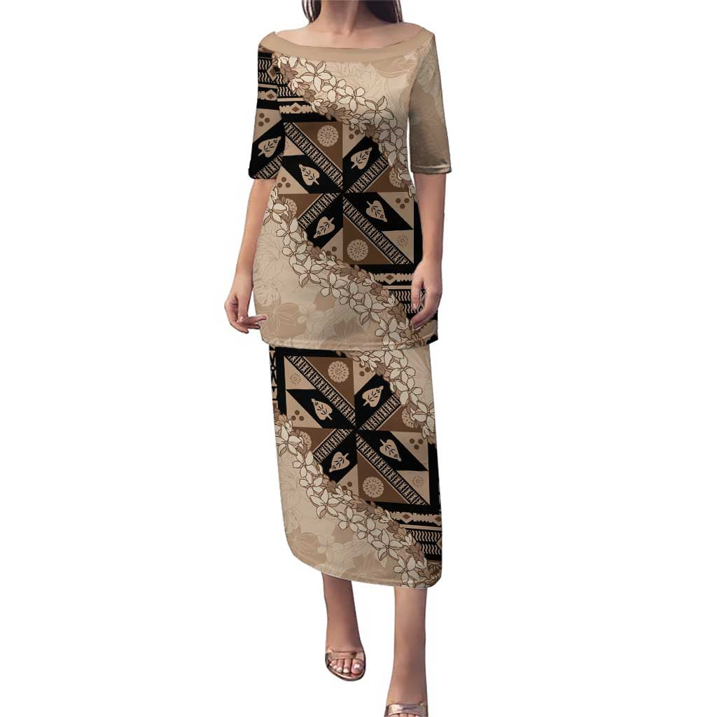 Bula Fiji Plumeria Tagimoucia Salusalu Beige Puletasi Kaiviti Masi LT7 Long Dress Beige - Polynesian Pride