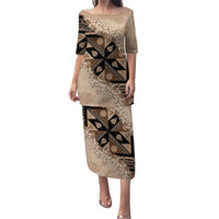 Bula Fiji Plumeria Tagimoucia Salusalu Beige Puletasi Kaiviti Masi LT7 Long Dress Beige - Polynesian Pride