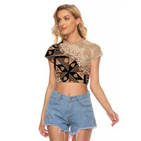 Bula Fiji Plumeria Tagimoucia Salusalu Beige Raglan Cropped T Shirt Kaiviti Masi LT7 Female Beige - Polynesian Pride