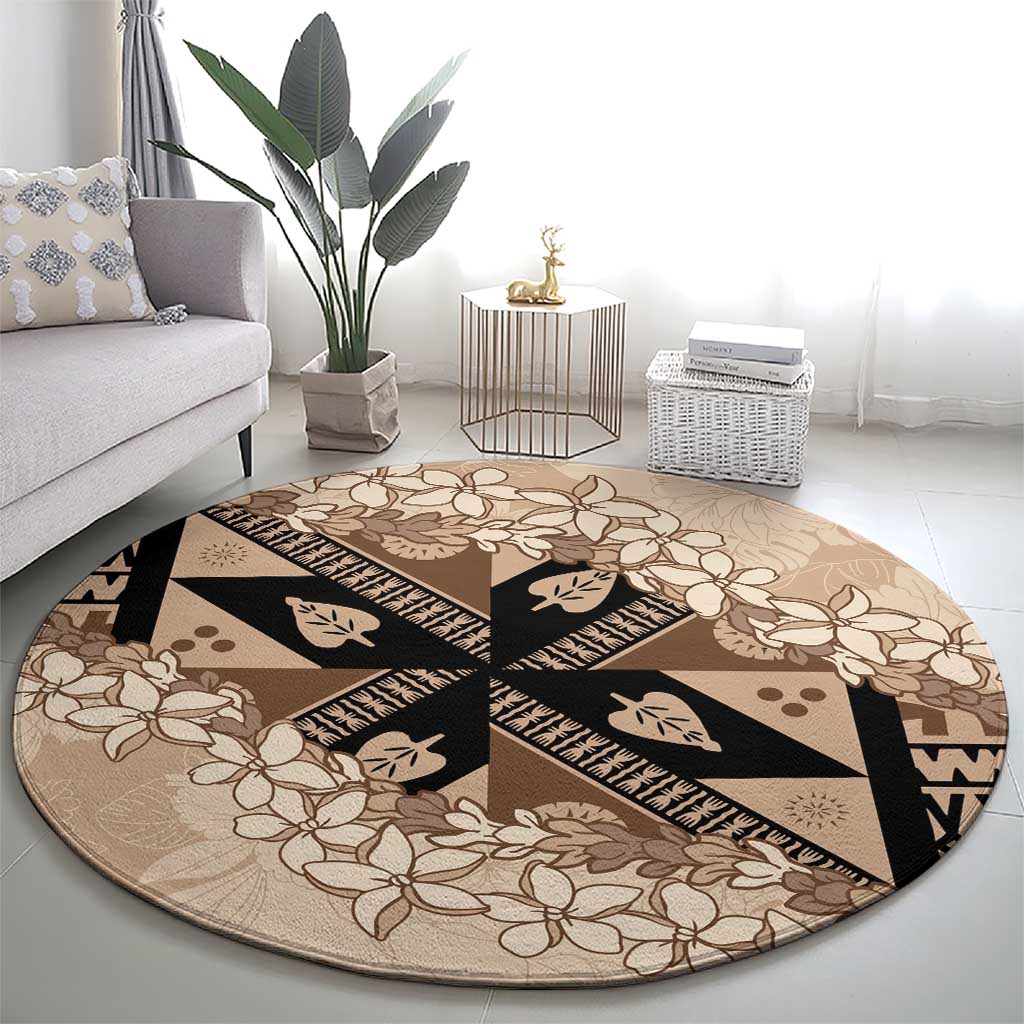 Bula Fiji Plumeria Tagimoucia Salusalu Beige Round Carpet Kaiviti Masi - Polynesian Pride