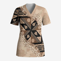 Bula Fiji Plumeria Tagimoucia Salusalu Beige Scrub Top Kaiviti Masi - Polynesian Pride