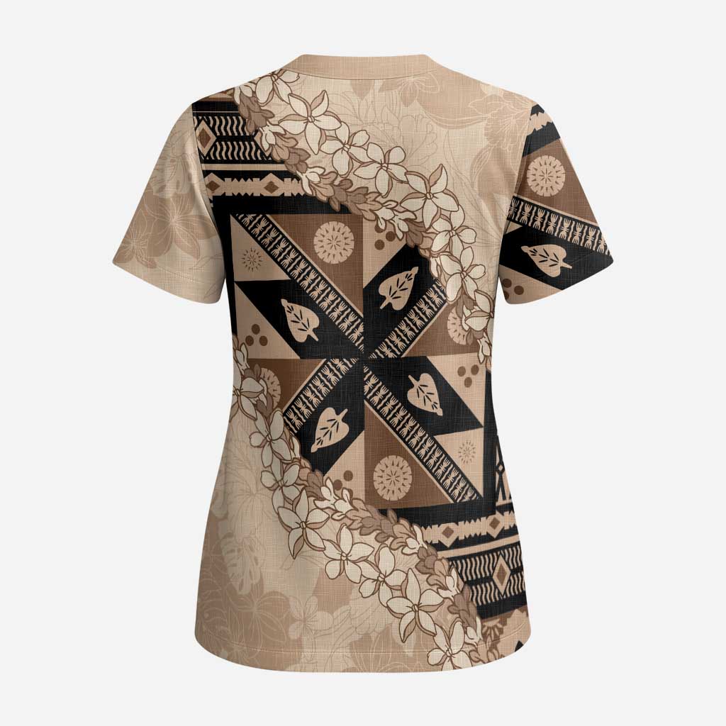 Bula Fiji Plumeria Tagimoucia Salusalu Beige Scrub Top Kaiviti Masi - Polynesian Pride