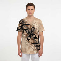Bula Fiji Plumeria Tagimoucia Salusalu Beige Scrub Top Kaiviti Masi - Polynesian Pride