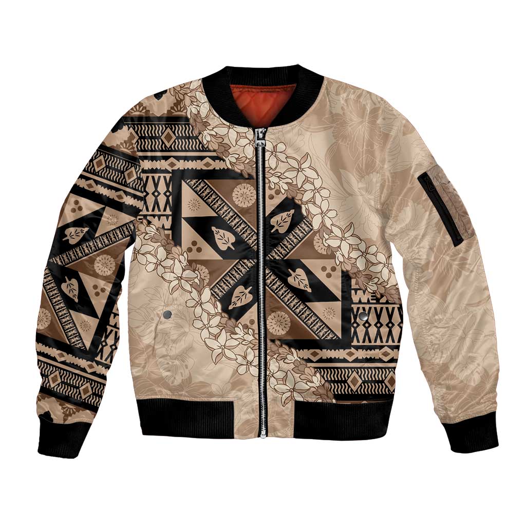 Bula Fiji Plumeria Tagimoucia Salusalu Beige Sleeve Zip Bomber Jacket Kaiviti Masi LT7 Unisex Beige - Polynesian Pride