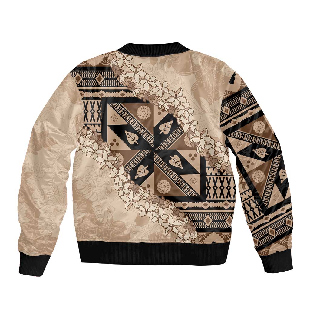 Bula Fiji Plumeria Tagimoucia Salusalu Beige Sleeve Zip Bomber Jacket Kaiviti Masi LT7 - Polynesian Pride
