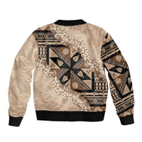 Bula Fiji Plumeria Tagimoucia Salusalu Beige Sleeve Zip Bomber Jacket Kaiviti Masi LT7 - Polynesian Pride