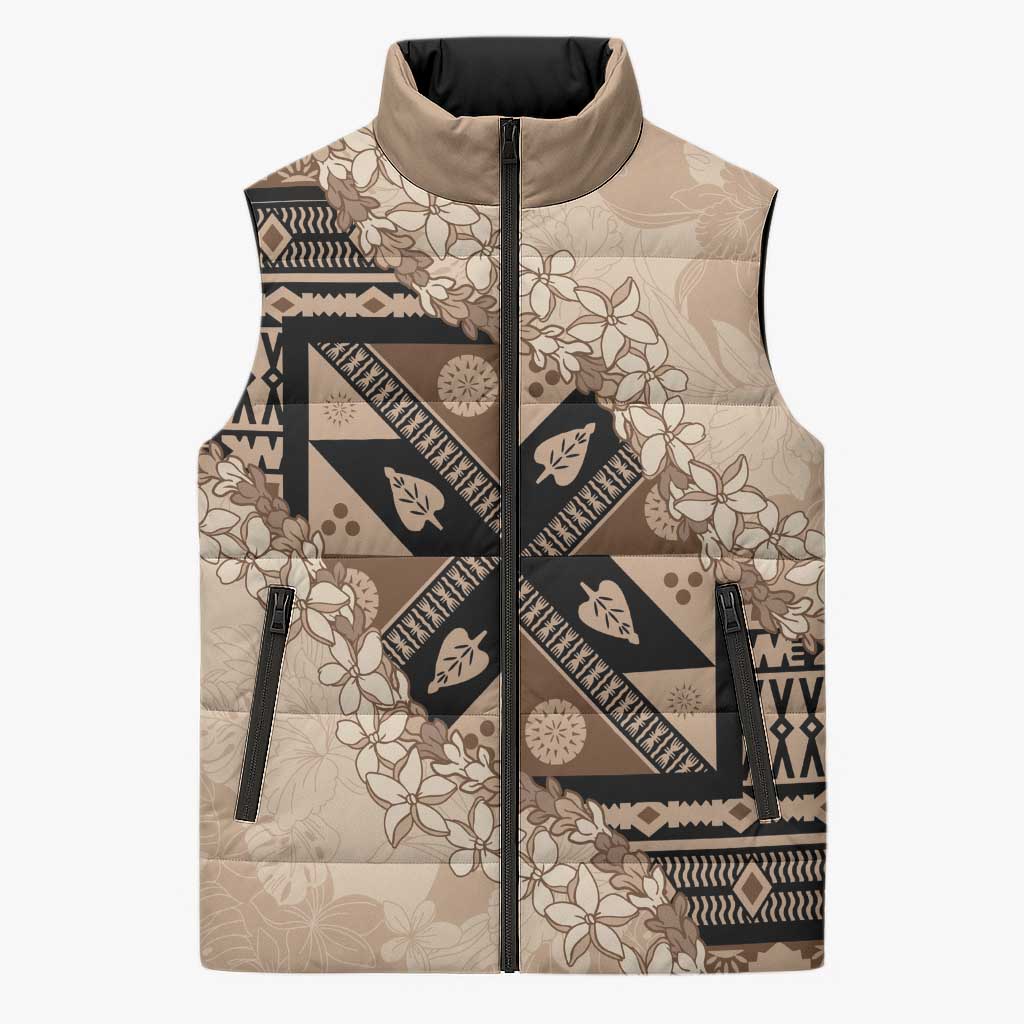 Bula Fiji Plumeria Tagimoucia Salusalu Beige Sleeveless Puffer Jacket Kaiviti Masi LT7 Unisex Beige - Polynesian Pride
