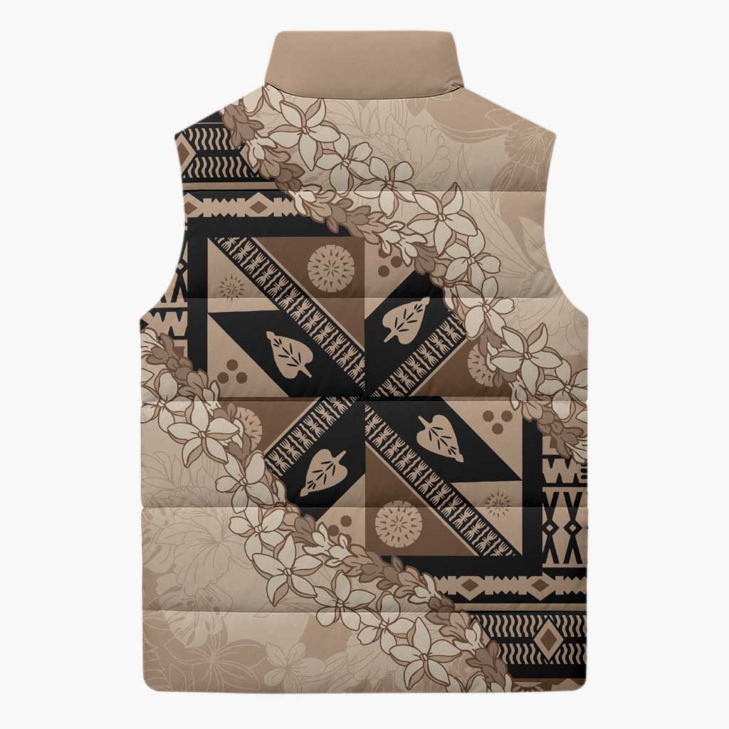 Bula Fiji Plumeria Tagimoucia Salusalu Beige Sleeveless Puffer Jacket Kaiviti Masi LT7 - Polynesian Pride