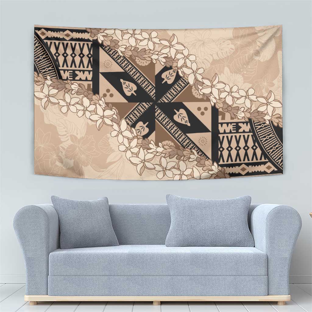 Bula Fiji Plumeria Tagimoucia Salusalu Beige Tapestry Kaiviti Masi - Polynesian Pride