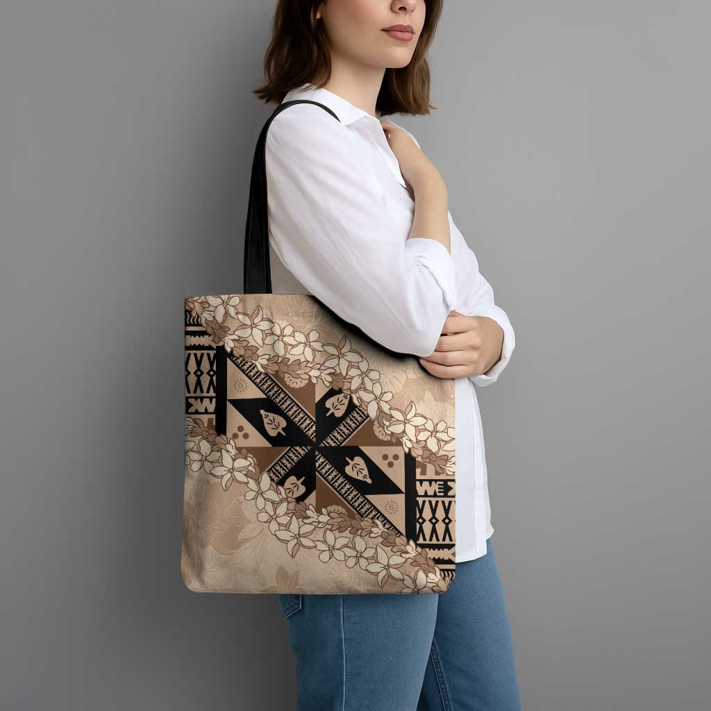 Bula Fiji Plumeria Tagimoucia Salusalu Beige Tote Bag Kaiviti Masi LT7 - Polynesian Pride