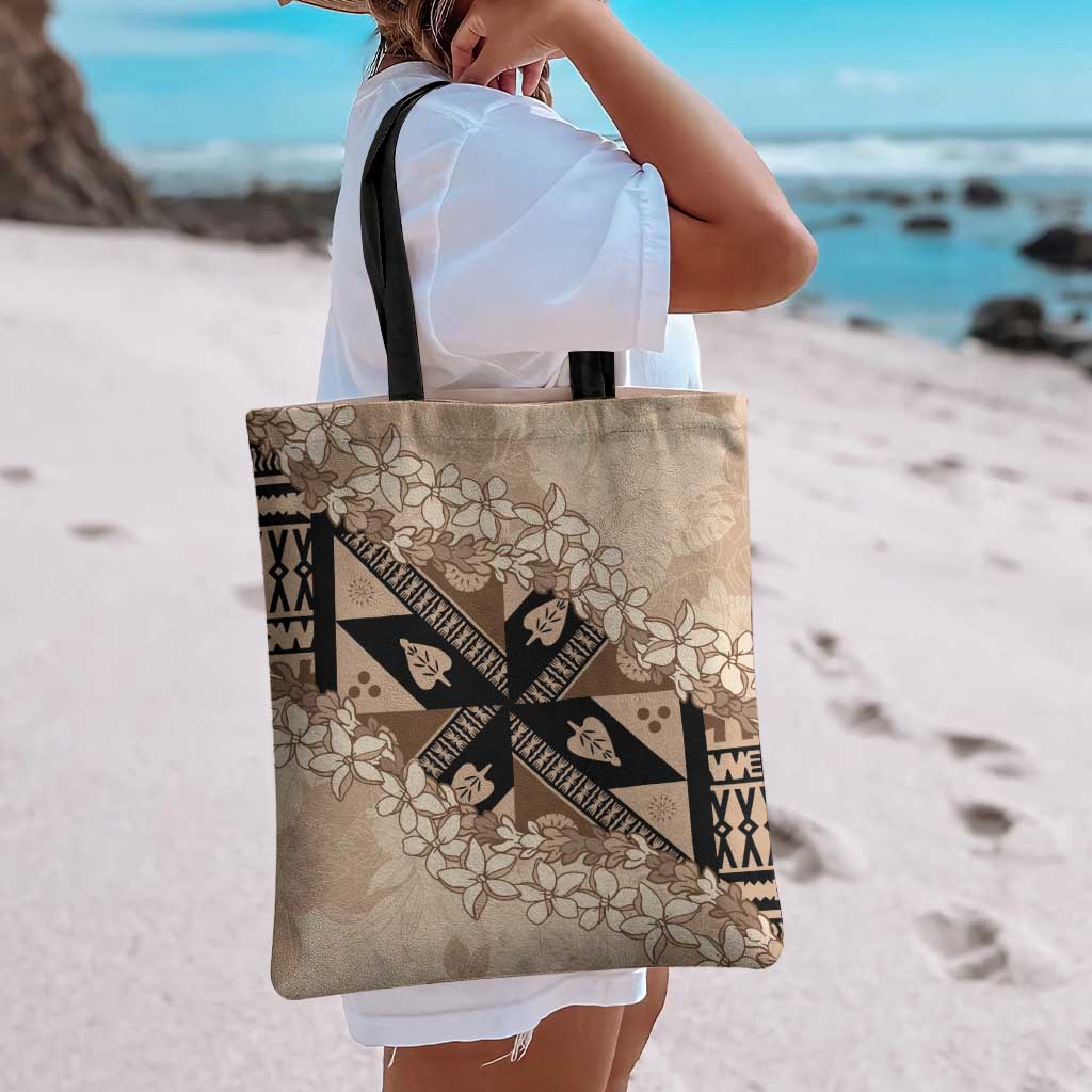 Bula Fiji Plumeria Tagimoucia Salusalu Beige Tote Bag Kaiviti Masi LT7 - Polynesian Pride