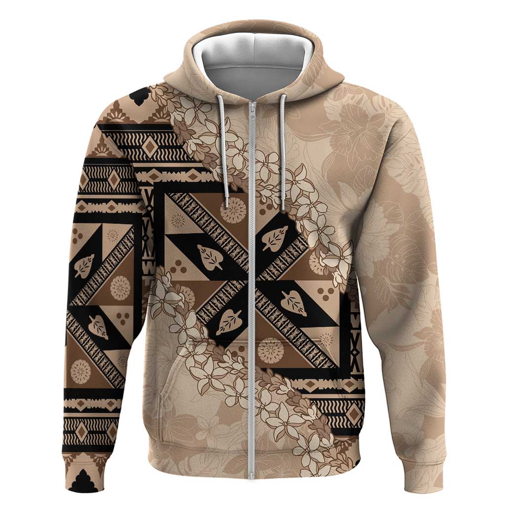 Bula Fiji Plumeria Tagimoucia Salusalu Beige Zip Hoodie Kaiviti Masi LT7 Zip Hoodie Beige - Polynesian Pride