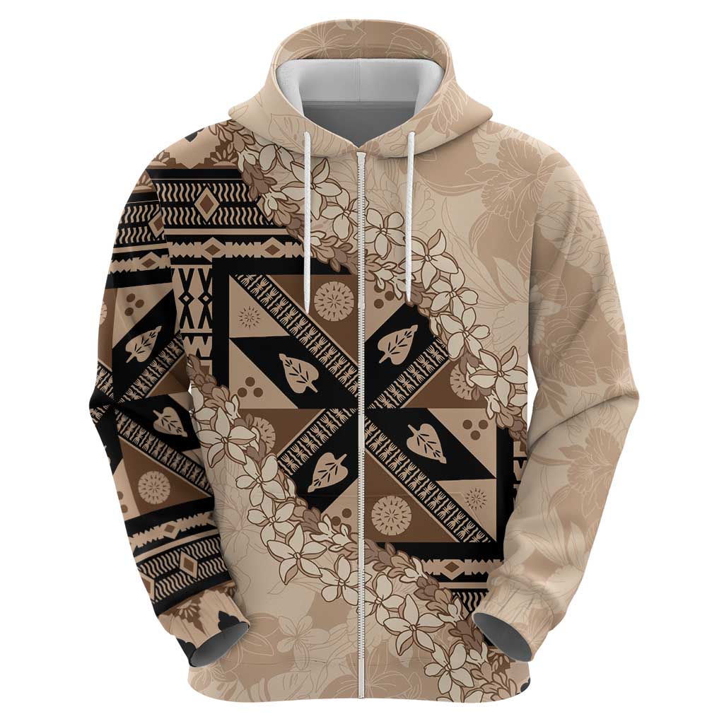Bula Fiji Plumeria Tagimoucia Salusalu Beige Zip Hoodie Kaiviti Masi LT7 - Polynesian Pride