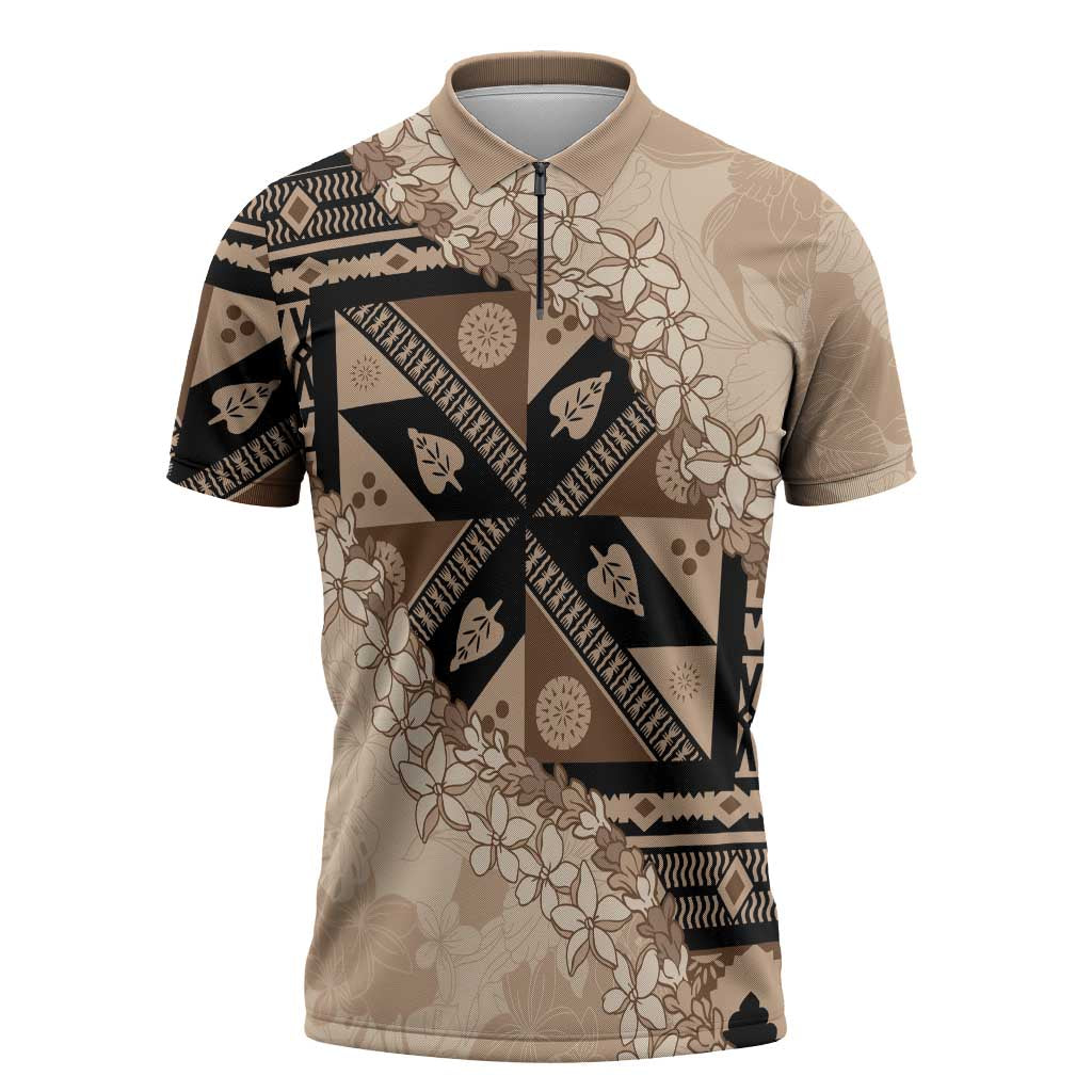 Bula Fiji Plumeria Tagimoucia Salusalu Beige Zipper Polo Shirt Kaiviti Masi - Polynesian Pride