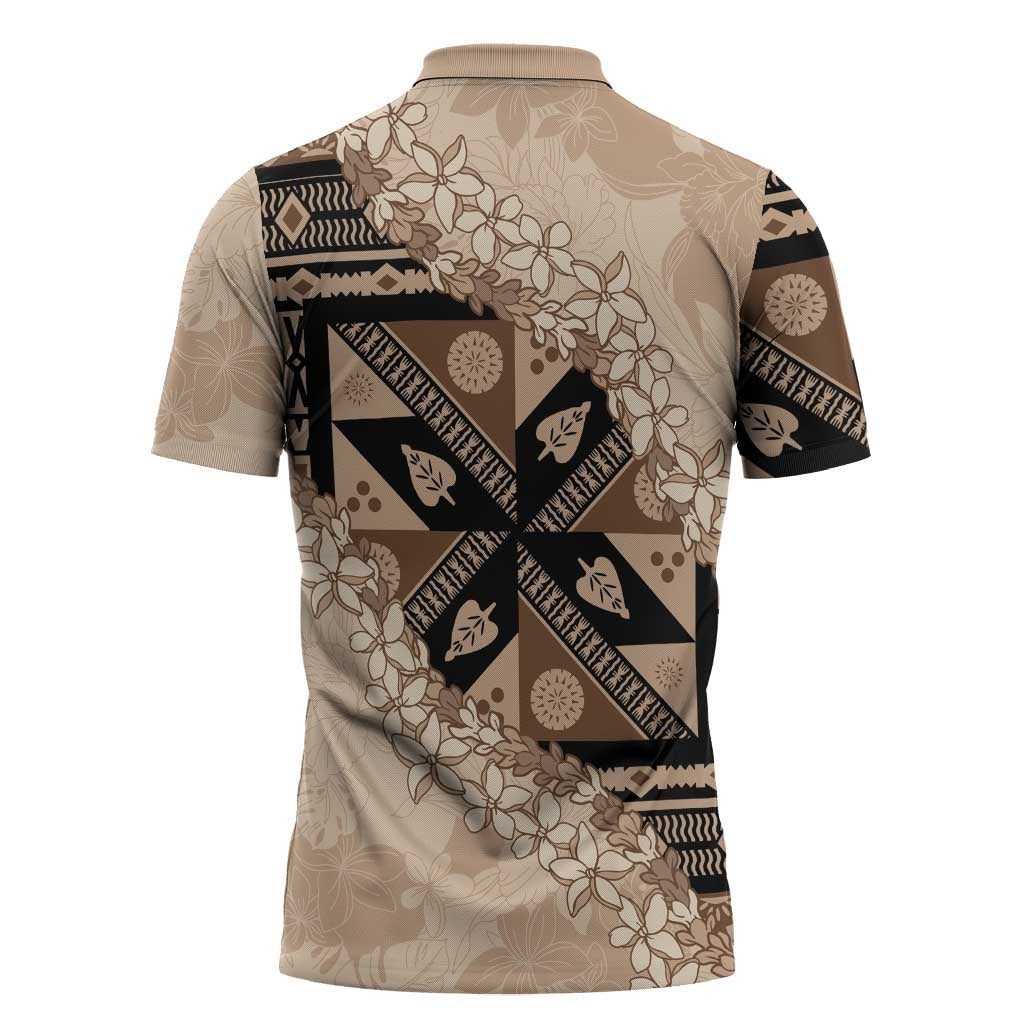 Bula Fiji Plumeria Tagimoucia Salusalu Beige Zipper Polo Shirt Kaiviti Masi - Polynesian Pride