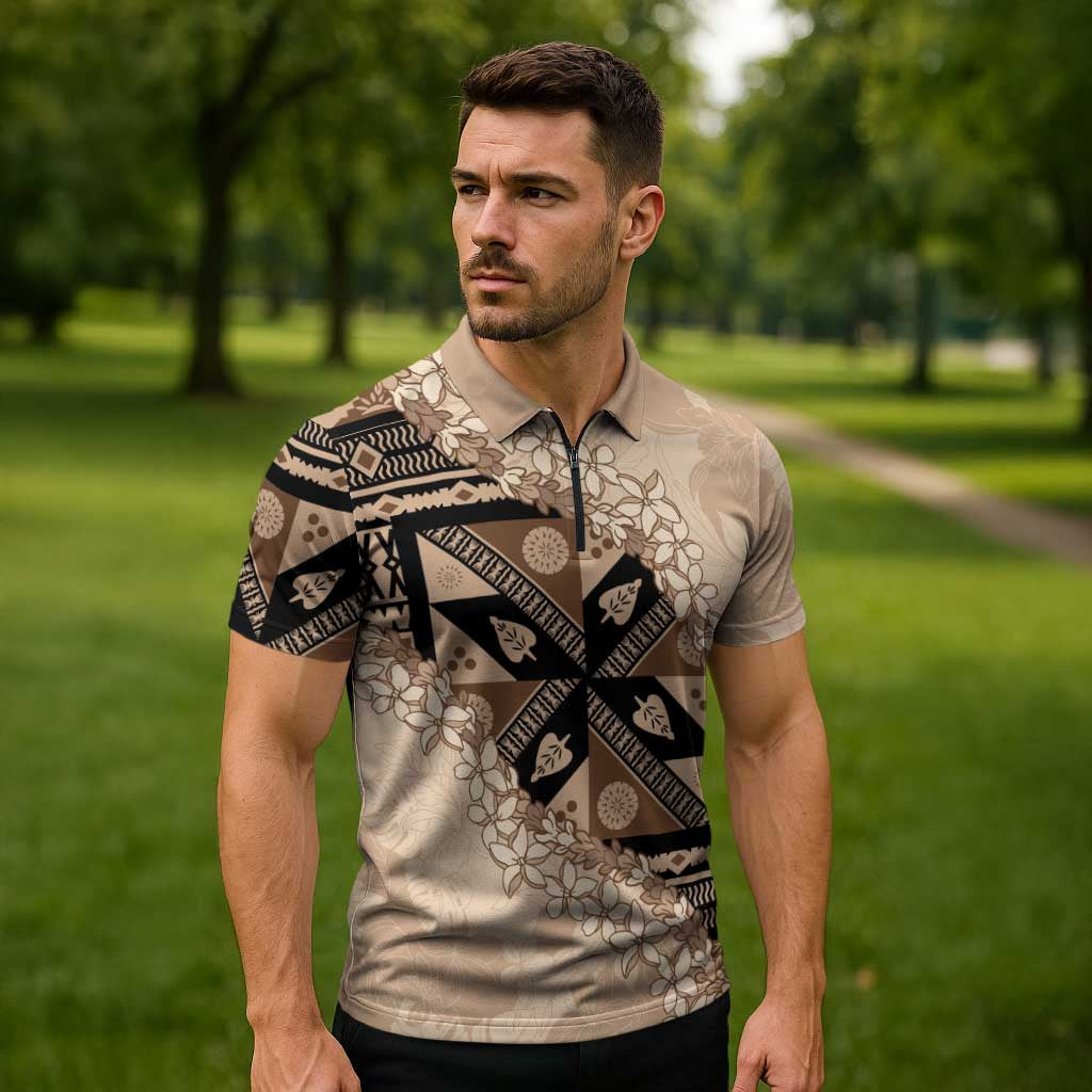 Bula Fiji Plumeria Tagimoucia Salusalu Beige Zipper Polo Shirt Kaiviti Masi - Polynesian Pride