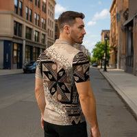Bula Fiji Plumeria Tagimoucia Salusalu Beige Zipper Polo Shirt Kaiviti Masi - Polynesian Pride