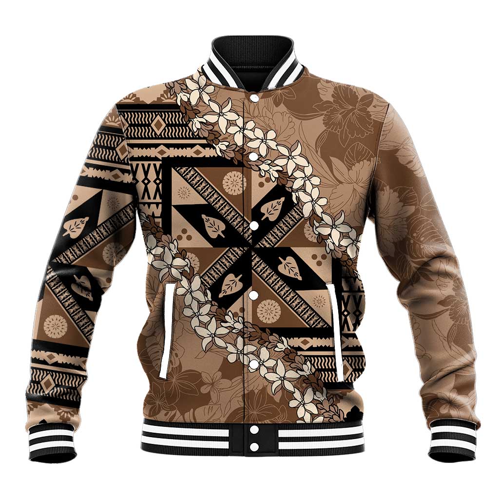 Bula Fiji Plumeria Tagimoucia Salusalu Mocha Baseball Jacket Kaiviti Masi - Polynesian Pride