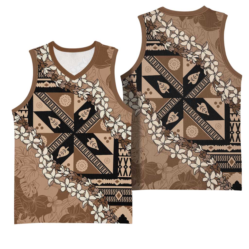 Bula Fiji Plumeria Tagimoucia Salusalu Mocha Basketball Jersey Kaiviti Masi - Polynesian Pride