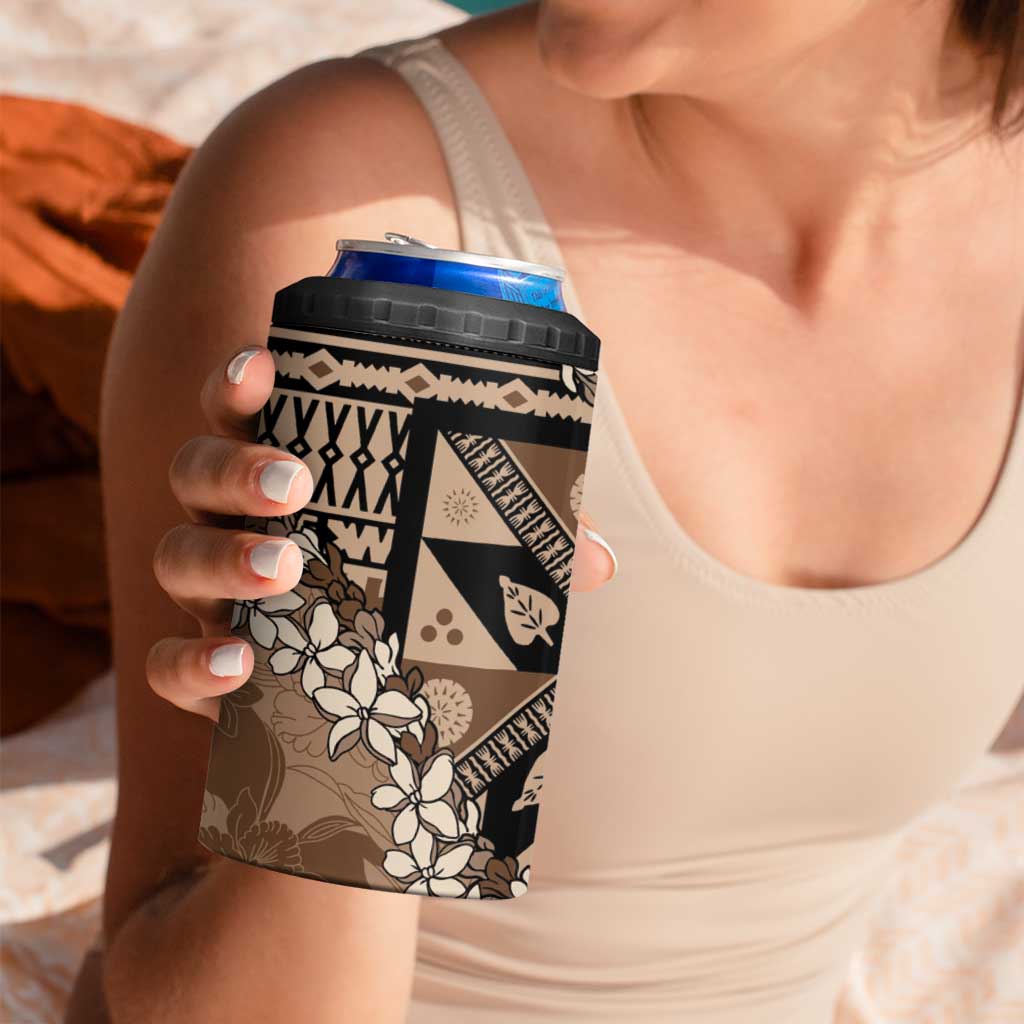 Bula Fiji Plumeria Tagimoucia Salusalu Mocha 4 in 1 Can Cooler Tumbler Kaiviti Masi - Polynesian Pride