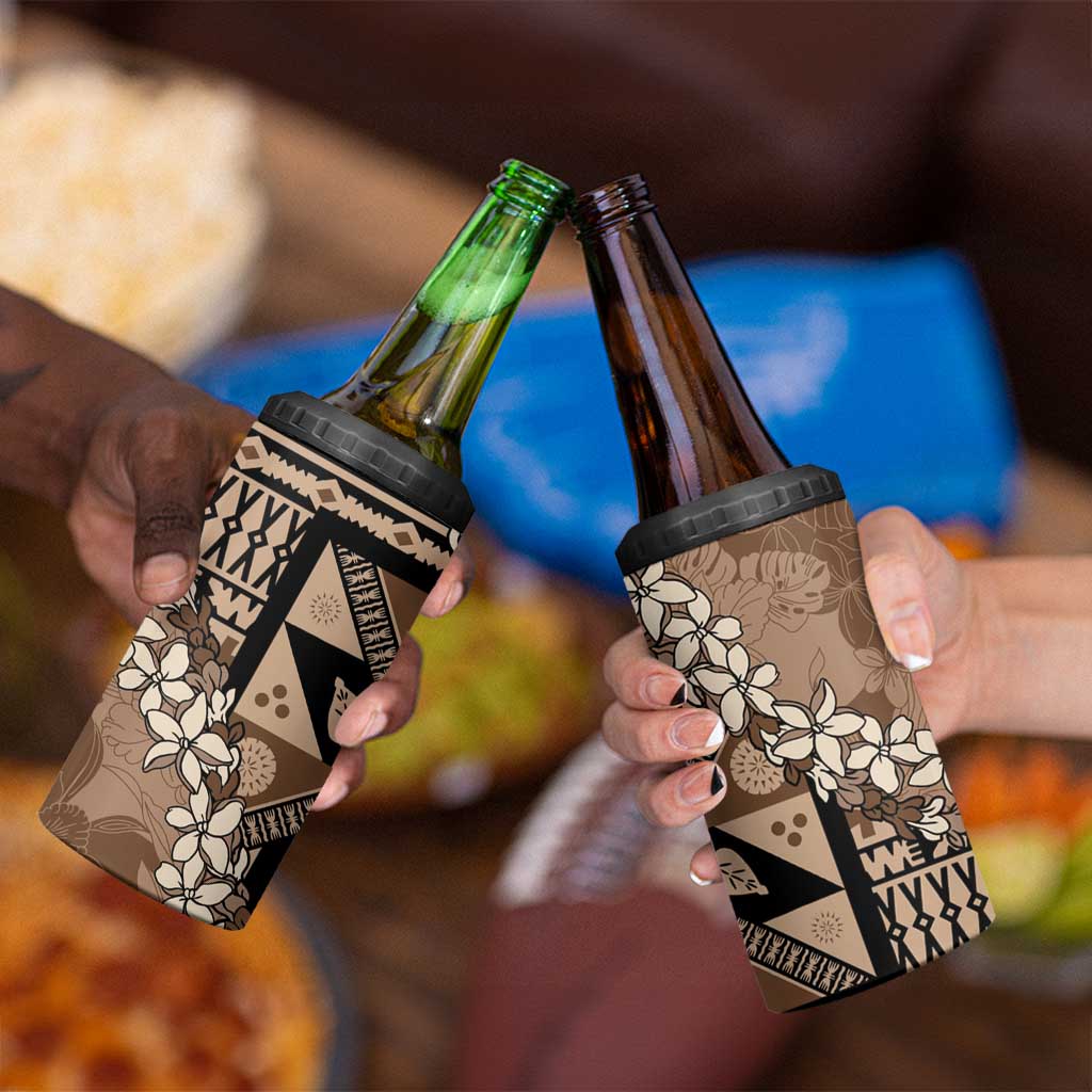 Bula Fiji Plumeria Tagimoucia Salusalu Mocha 4 in 1 Can Cooler Tumbler Kaiviti Masi - Polynesian Pride