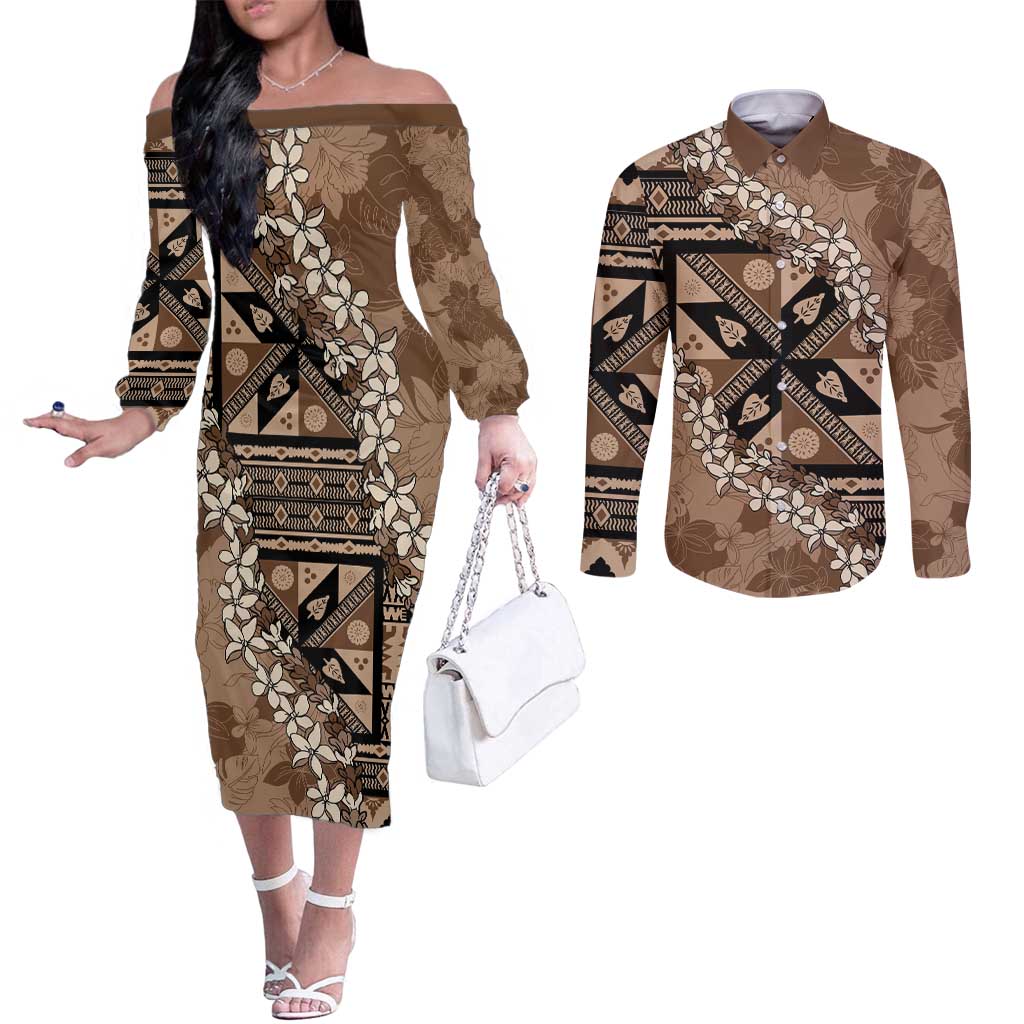 Bula Fiji Plumeria Tagimoucia Salusalu Mocha Couples Matching Off The Shoulder Long Sleeve Dress and Long Sleeve Button Shirt Kaiviti Masi - Polynesian Pride