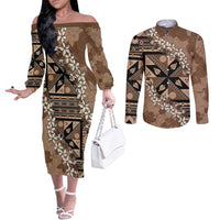 Bula Fiji Plumeria Tagimoucia Salusalu Mocha Couples Matching Off The Shoulder Long Sleeve Dress and Long Sleeve Button Shirt Kaiviti Masi - Polynesian Pride