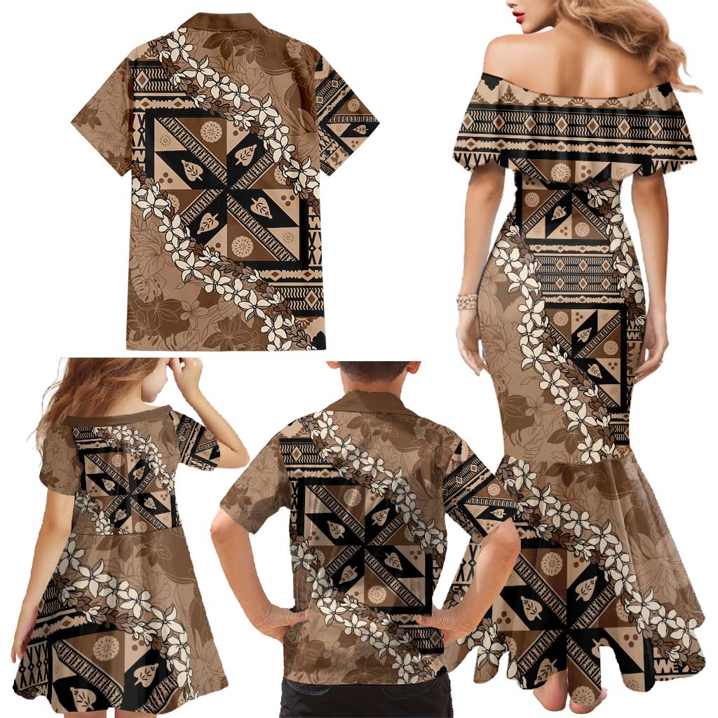 Bula Fiji Plumeria Tagimoucia Salusalu Mocha Family Matching Mermaid Dress and Hawaiian Shirt Kaiviti Masi - Polynesian Pride