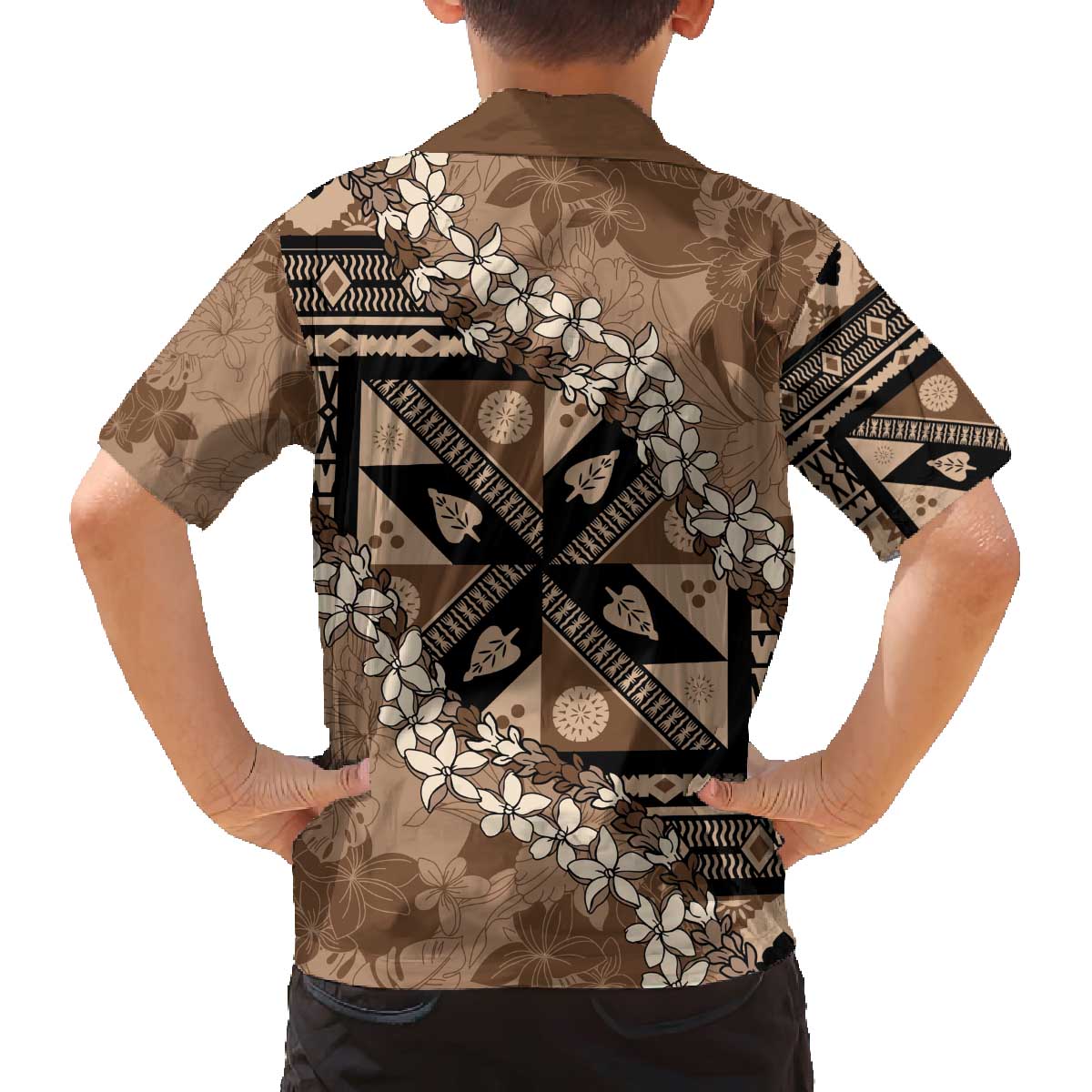 Bula Fiji Plumeria Tagimoucia Salusalu Mocha Family Matching Off The Shoulder Long Sleeve Dress and Hawaiian Shirt Kaiviti Masi - Polynesian Pride