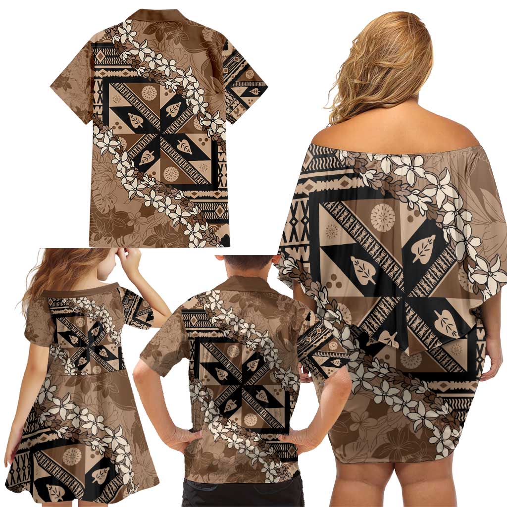Bula Fiji Plumeria Tagimoucia Salusalu Mocha Family Matching Off Shoulder Short Dress and Hawaiian Shirt Kaiviti Masi - Polynesian Pride