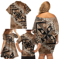 Bula Fiji Plumeria Tagimoucia Salusalu Mocha Family Matching Off Shoulder Short Dress and Hawaiian Shirt Kaiviti Masi - Polynesian Pride