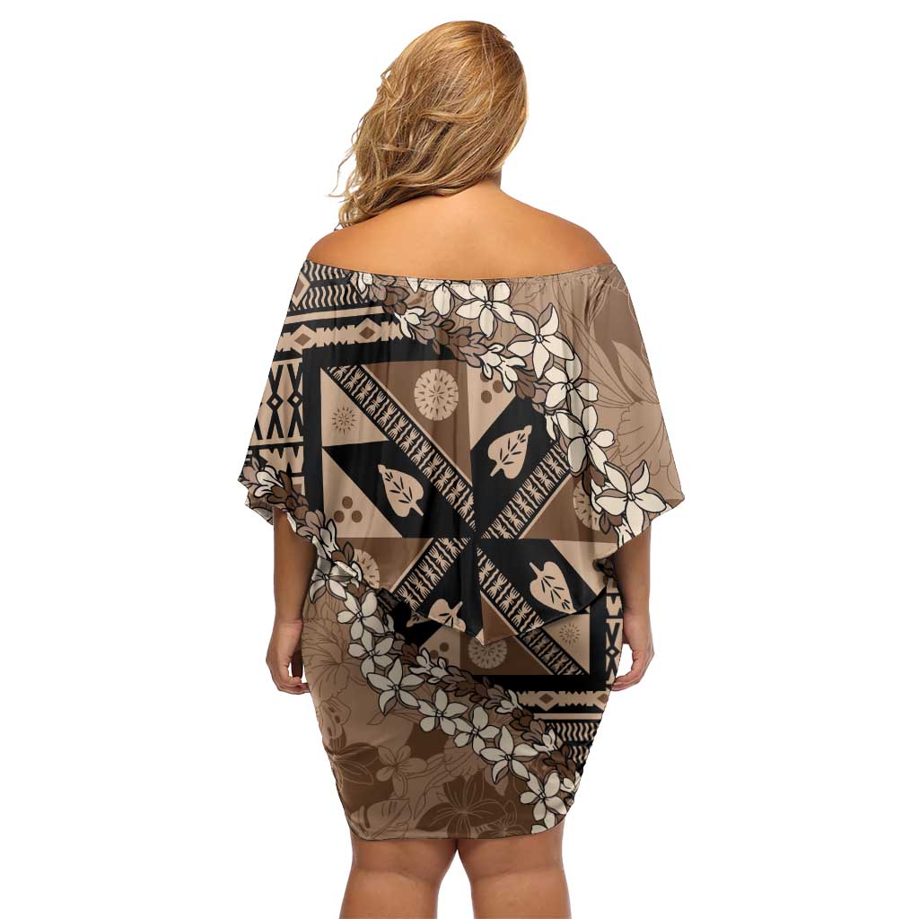 Bula Fiji Plumeria Tagimoucia Salusalu Mocha Family Matching Off Shoulder Short Dress and Hawaiian Shirt Kaiviti Masi - Polynesian Pride