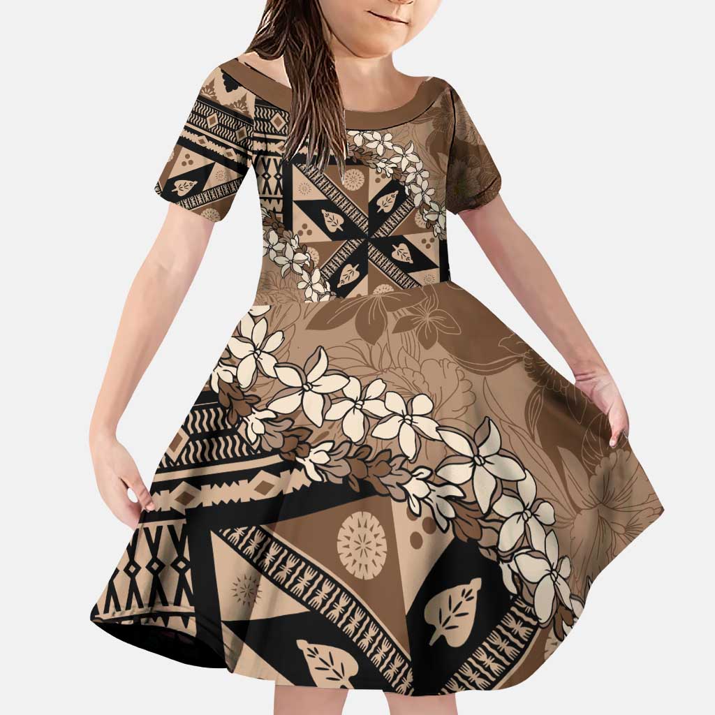Bula Fiji Plumeria Tagimoucia Salusalu Mocha Family Matching Puletasi and Hawaiian Shirt Kaiviti Masi LT7 Daughter's Dress Mocha - Polynesian Pride