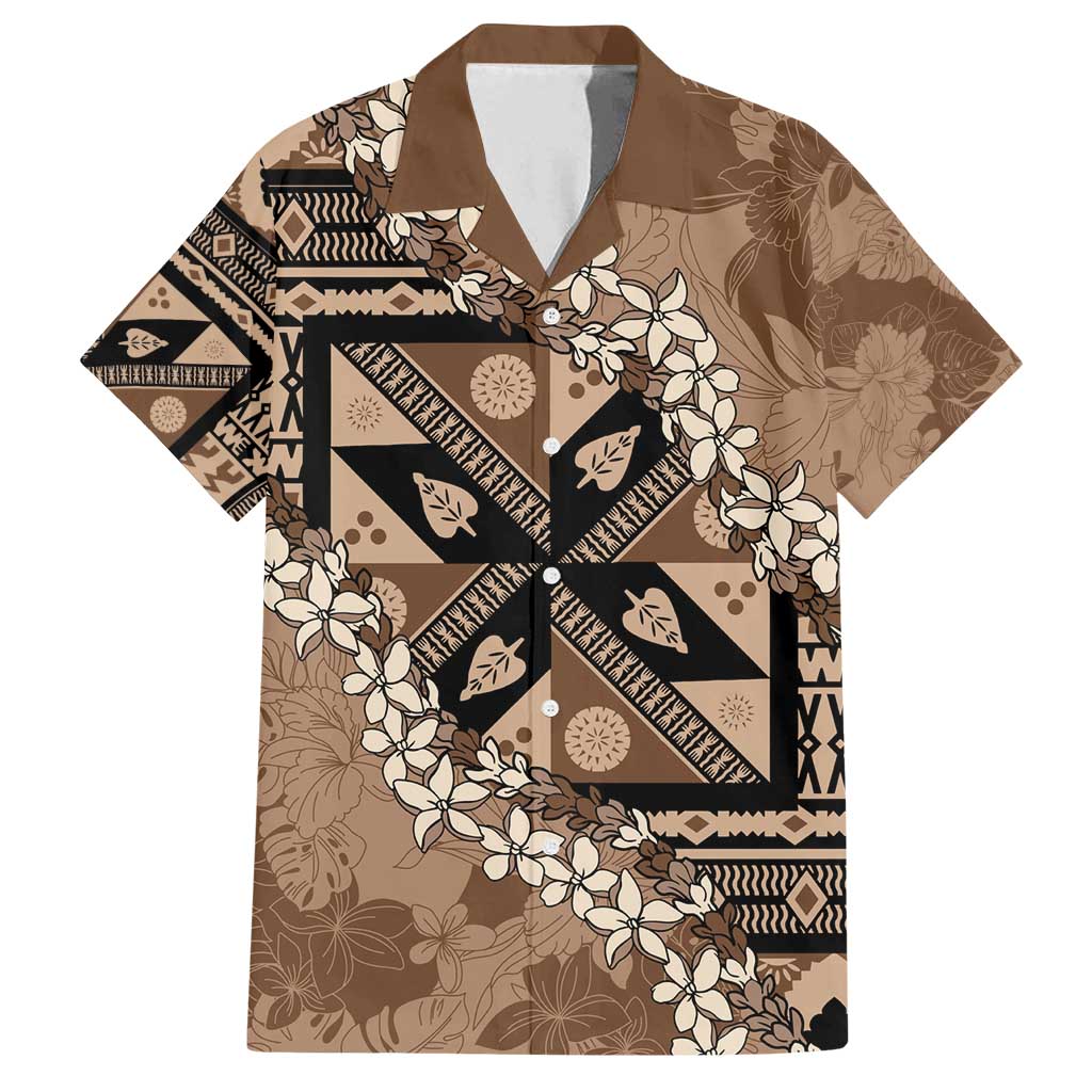 Bula Fiji Plumeria Tagimoucia Salusalu Mocha Family Matching Puletasi and Hawaiian Shirt Kaiviti Masi LT7 Dad's Shirt - Short Sleeve Mocha - Polynesian Pride