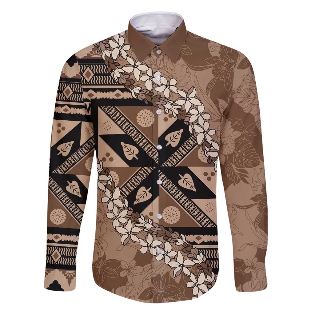 Bula Fiji Plumeria Tagimoucia Salusalu Mocha Family Matching Puletasi and Hawaiian Shirt Kaiviti Masi LT7 Dad's Shirt - Long Sleeve Mocha - Polynesian Pride
