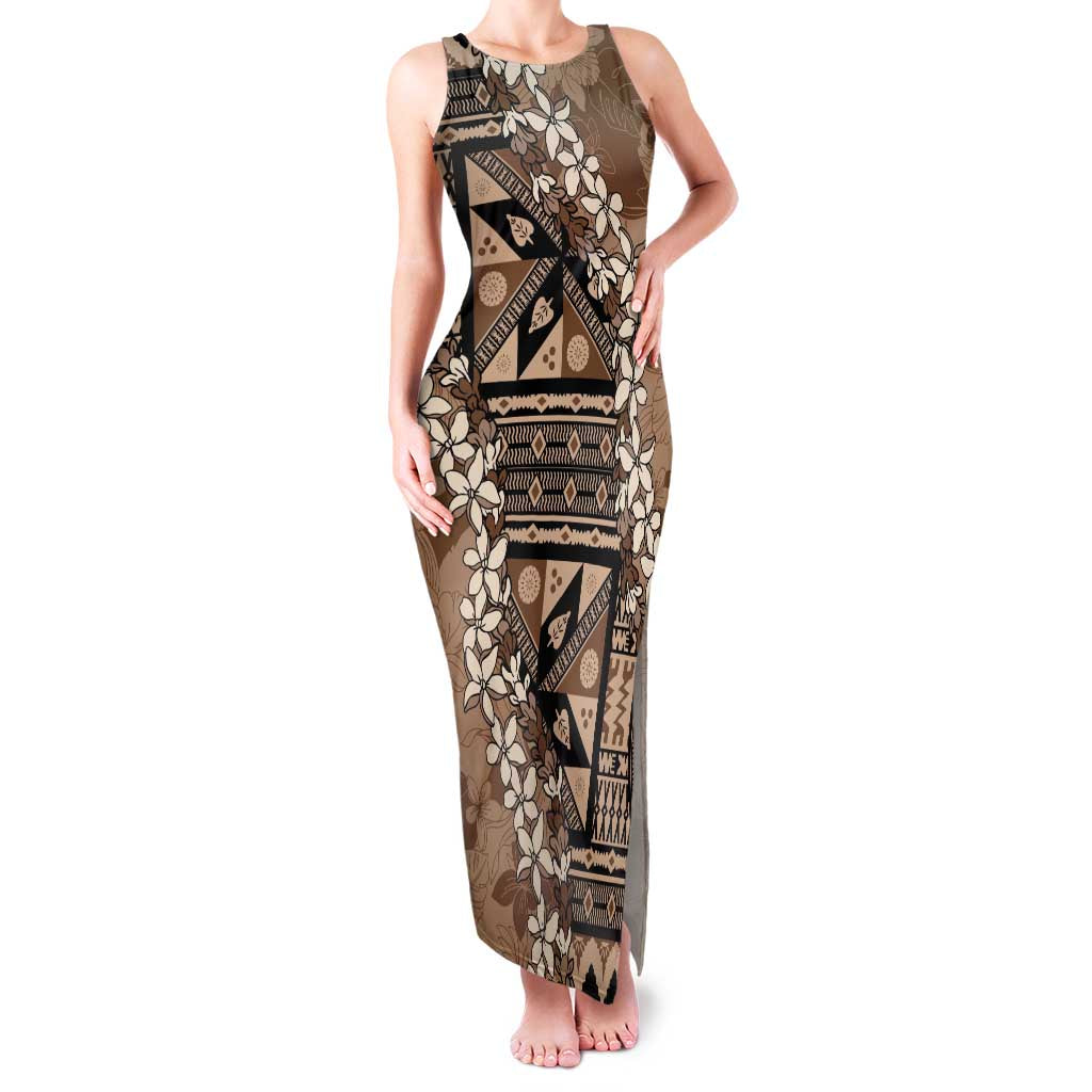 Bula Fiji Plumeria Tagimoucia Salusalu Mocha Family Matching Tank Maxi Dress and Hawaiian Shirt Kaiviti Masi LT7 Mom's Dress Mocha - Polynesian Pride