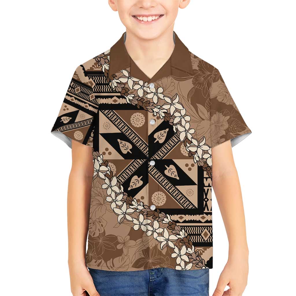 Bula Fiji Plumeria Tagimoucia Salusalu Mocha Family Matching Tank Maxi Dress and Hawaiian Shirt Kaiviti Masi LT7 Son's Shirt Mocha - Polynesian Pride