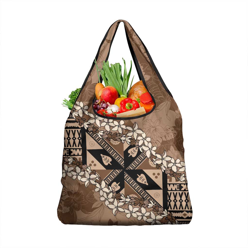 Bula Fiji Plumeria Tagimoucia Salusalu Mocha Grocery Bag Kaiviti Masi LT7 1-pack One Size Mocha - Polynesian Pride