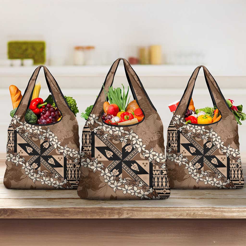 Bula Fiji Plumeria Tagimoucia Salusalu Mocha Grocery Bag Kaiviti Masi LT7 3-pack One Size Mocha - Polynesian Pride