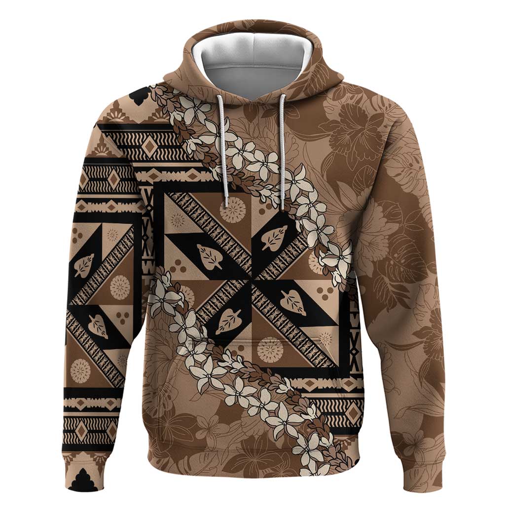 Bula Fiji Plumeria Tagimoucia Salusalu Mocha Hoodie Kaiviti Masi - Polynesian Pride